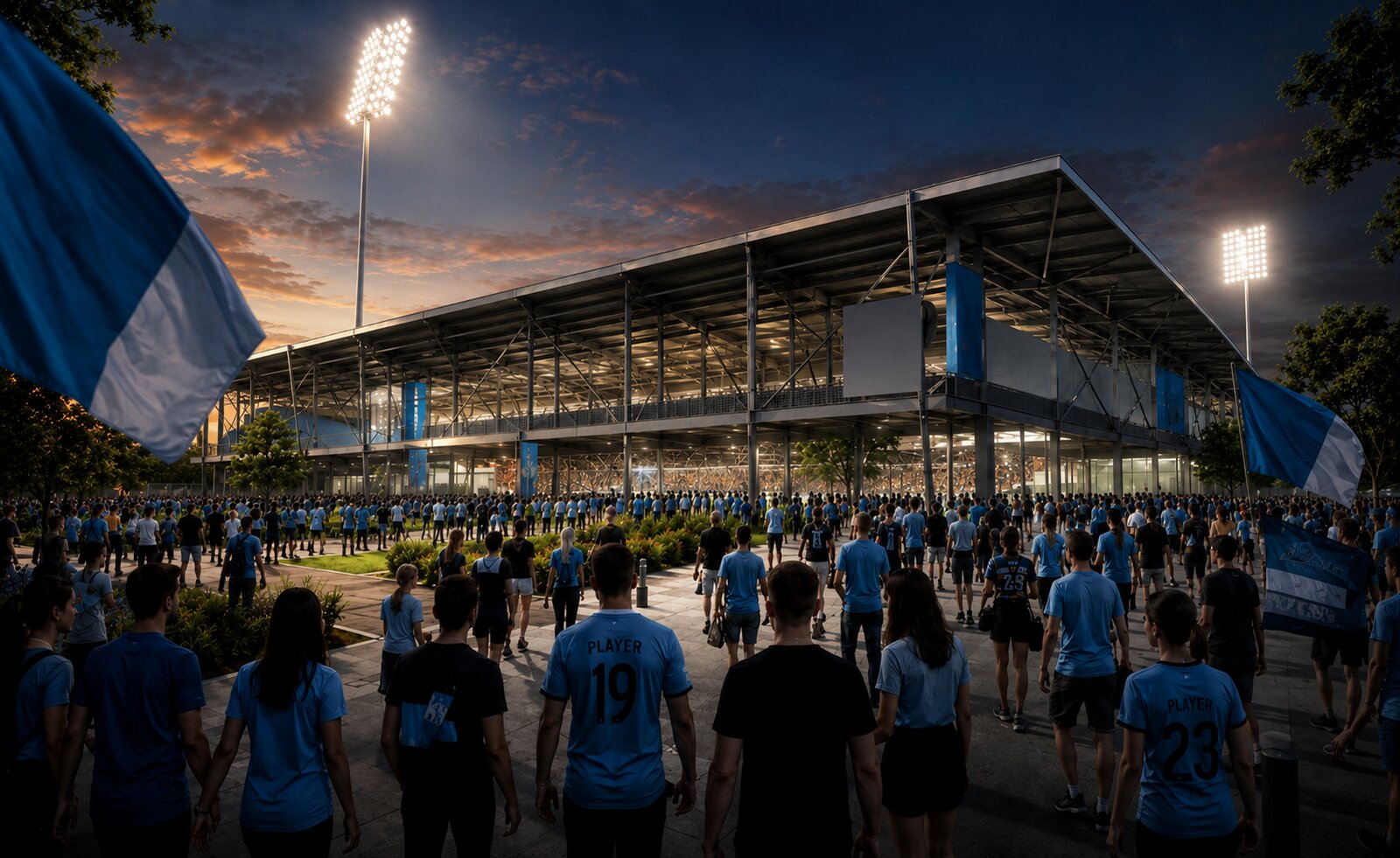 10,000 Seat Stadium — concept render, match-day entrance