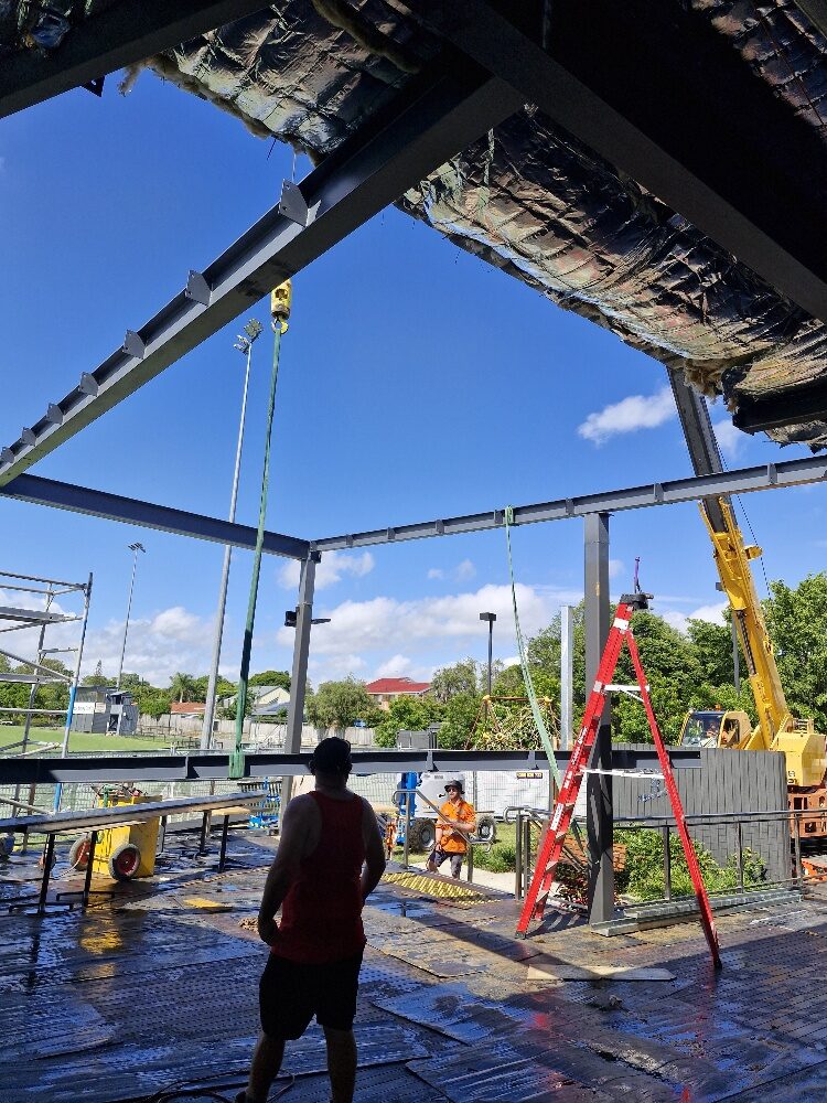 Aspley Hornets roof — steel frame under construction