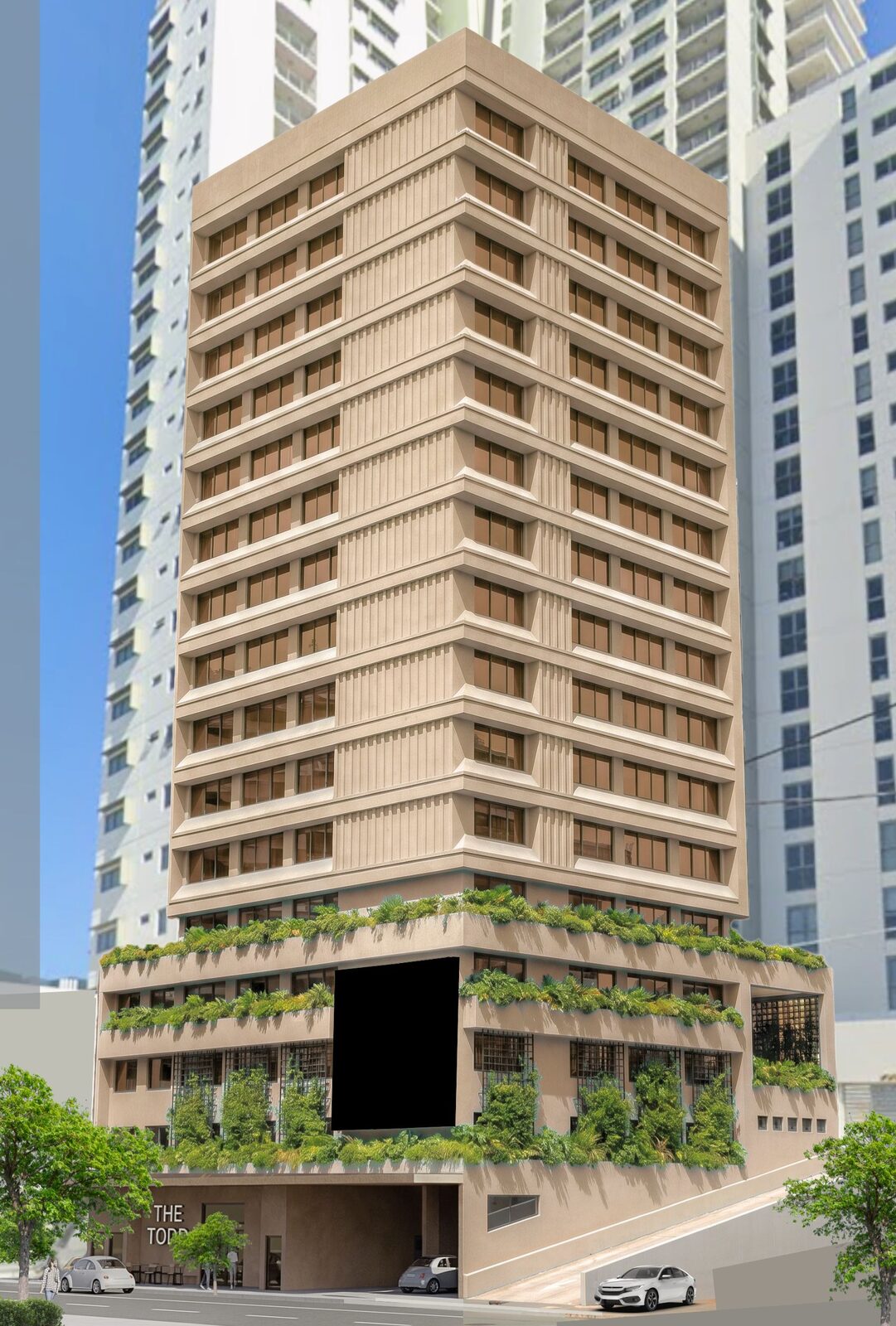 The Todd, Bowen Hills Hotel — concept render, entrance detail