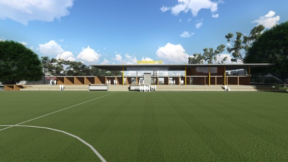 Newmarket SFC — clubhouse concept render with figures