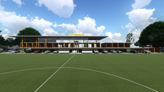 Newmarket SFC — clubhouse concept render, front view